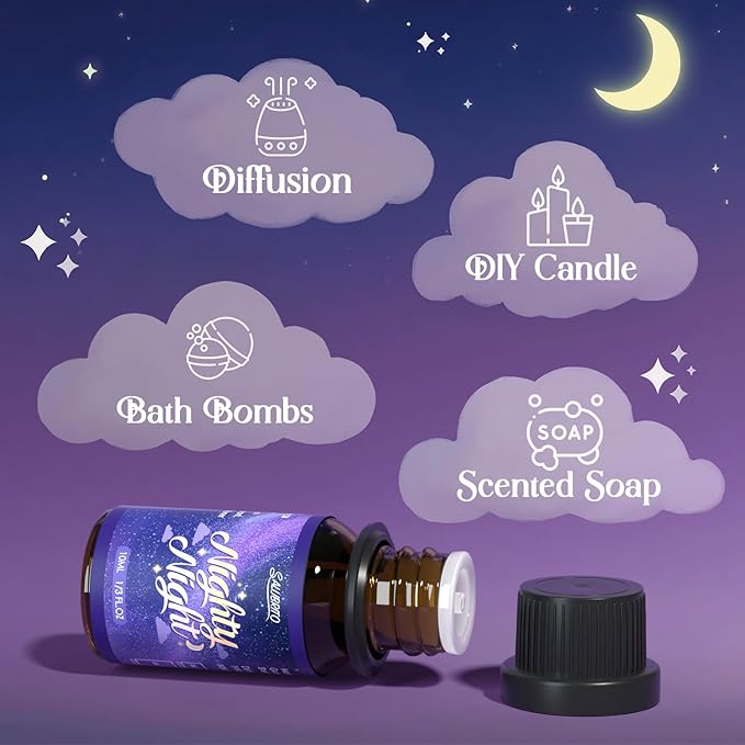 SALUBRITO Good Night Fragrance Oils, Premium Essential Oil Set for Diffuser, Soap, Candle Making scents, Nighty Night, Well Rested, Tranquility, Sweet Dream, Bed Time, Lavender Breeze