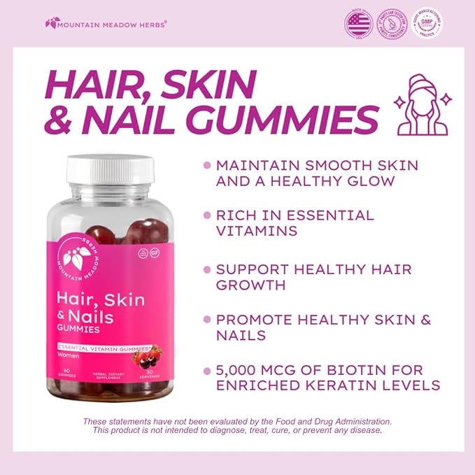 Mountain Meadow Herbs Hair, Skin and Nails Gummies - Essential Daily Support for Lush Hair, Strong Nails, and Radiant Skin with Biotin-Infused Gummies (60 ct)