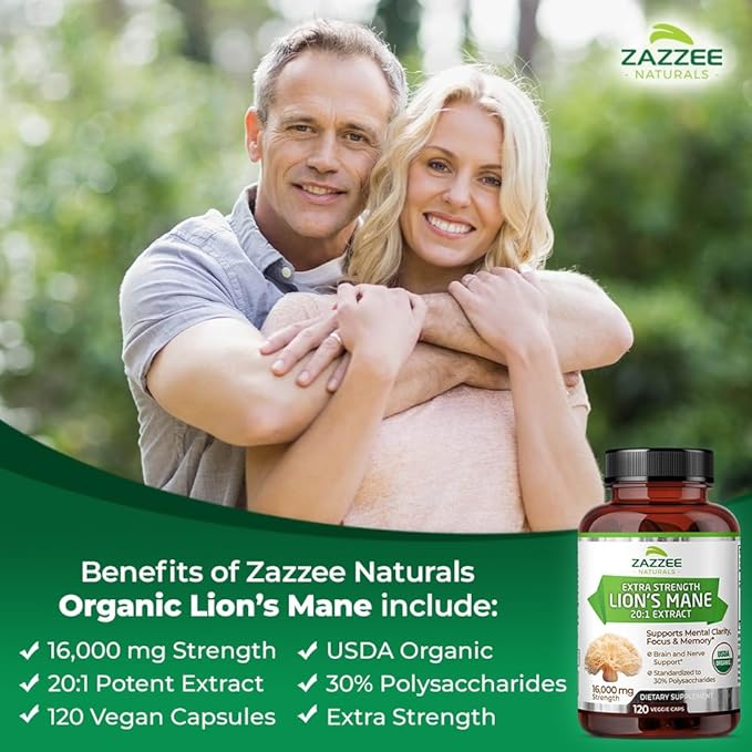 Zazzee USDA Organic Lion's Mane 20:1 Extract, 30% Polysaccharides, 16,000 mg Strength, 120 Vegan Capsules, Nootropic for Brain Health, Focus, Memory, Concentration and Immune Support, Made in The USA
