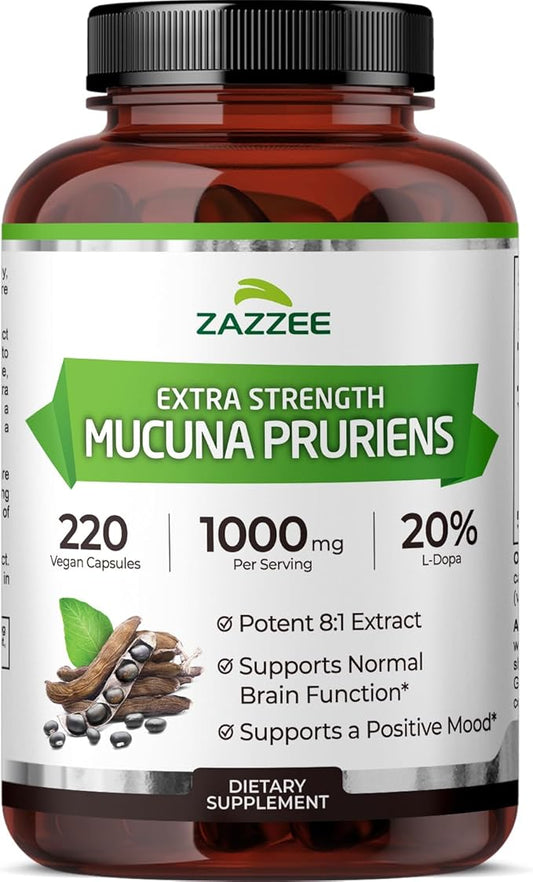 Zazzee Extra Strength Mucuna Pruriens 8:1 Extract, Minimum 20% L-Dopa, 1000 mg, 220 Vegan Capsules, 110 Day Supply, Concentrated and Standardized 8X Extract, 100% Vegetarian, All-Natural and Non-GMO
