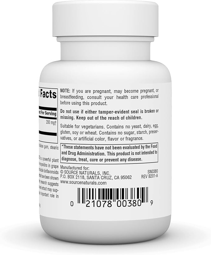 Source Naturals Grape Seed Extract, Proanthodyn 200 mg Antioxidant Protection & Supports Healthy Aging Brain - 30 Tablets