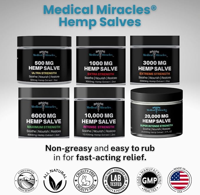 Medical Miracles Hemp Salve Intense Strength 10,000 MG. Ideal for HIPS, Joints, Neck, Back, Elbows, Fingers, Hands, and Knees. 100% Natural - Proudly Made in USA