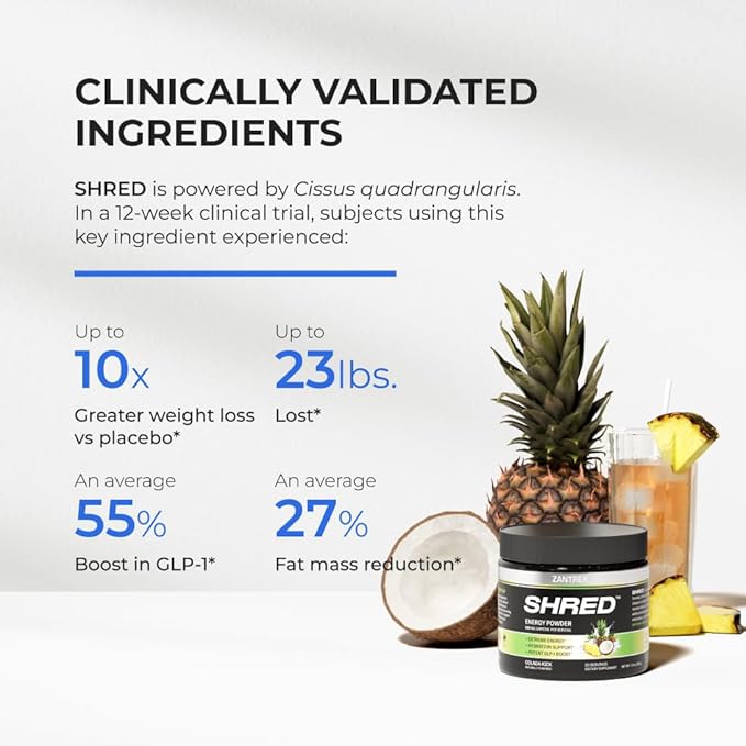 Zantrex Shred – Clean Energy Drink Powder – GLP-1 Support Supplement – Appetite Support, Weight Management, Hydration Support, Fat Burning, Metabolism Support - 200mg Caffeine - Colada Kick, 30 SVG.