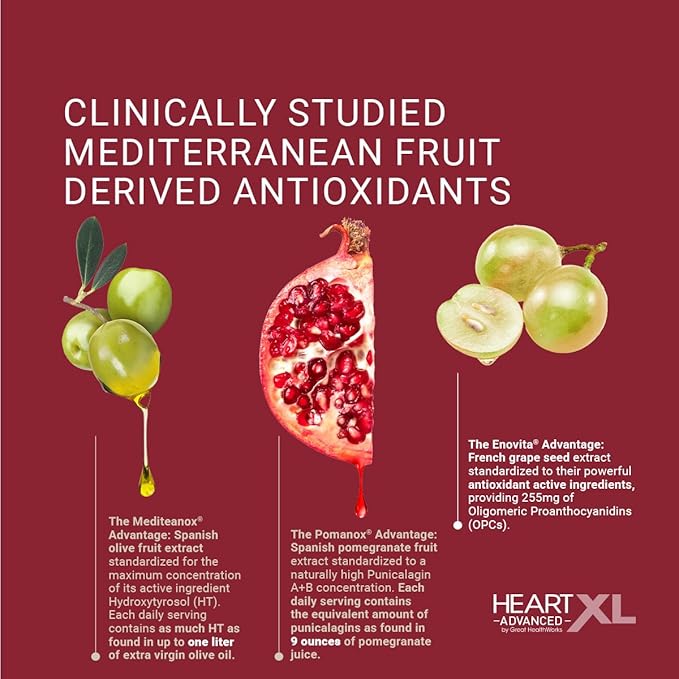 OmegaXL HeartXL Advanced - Heart Health Supplement - Three clinically Studied Mediterranean antioxidant extracts - Supports Blood Pressure, Cholesterol and Circulatory Health (60 Capsules)