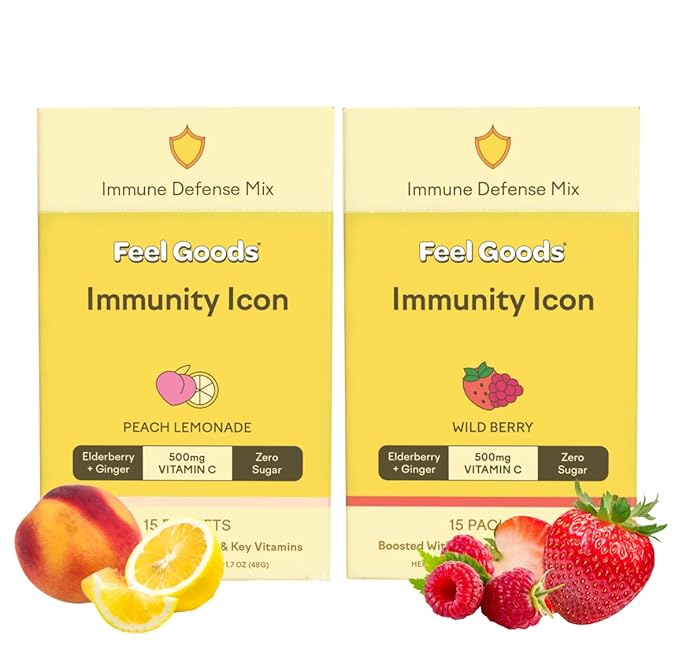 Feel Goods Immunity Icon Drink Mix Powder Bundle, Zero Sugar, Vitamin C, A, B, D, E & Zinc, Organic Elderberry, Ashwagandha, Vegan, Caffeine-Free – Wild Berry & Peach Lemonade, 15 Servings Each