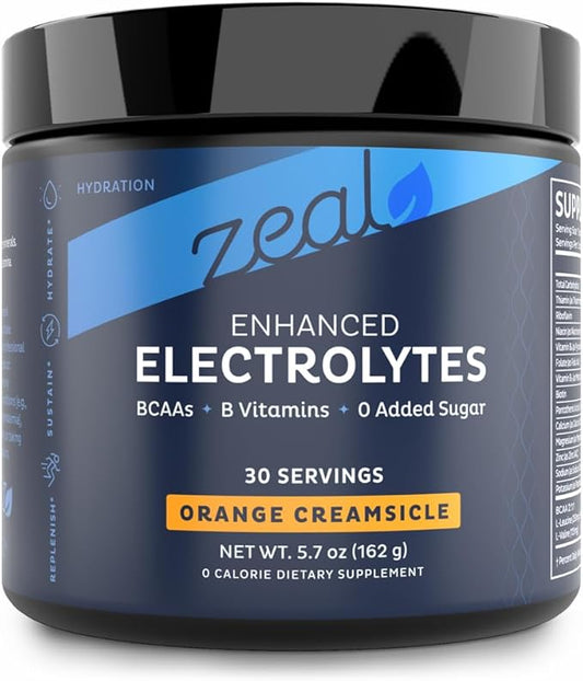 Zeal Electrolyte Powder - 90 Servings | Keto Electrolytes Powder | Zero Sugar, BCAAs, B-Vitamins | Potassium, Zinc, Magnesium | Hydration Powder Recovery Drink | Orange Creamsicle