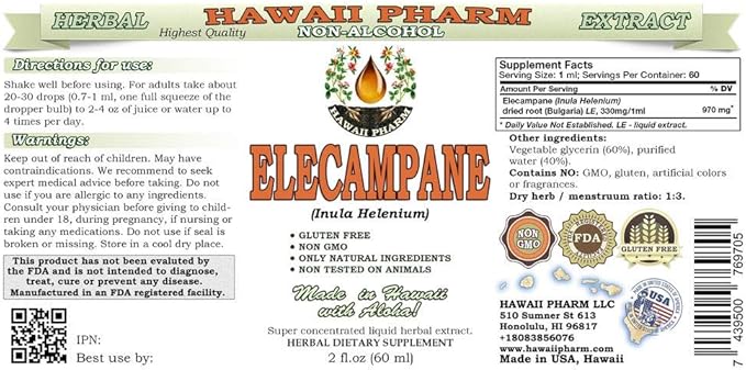 Elecampane Alcohol-Free Liquid Extract, Organic Elecampane (Inula Helenium) Dried Root Glycerite Hawaii Pharm Natural Herbal Supplement 2 oz