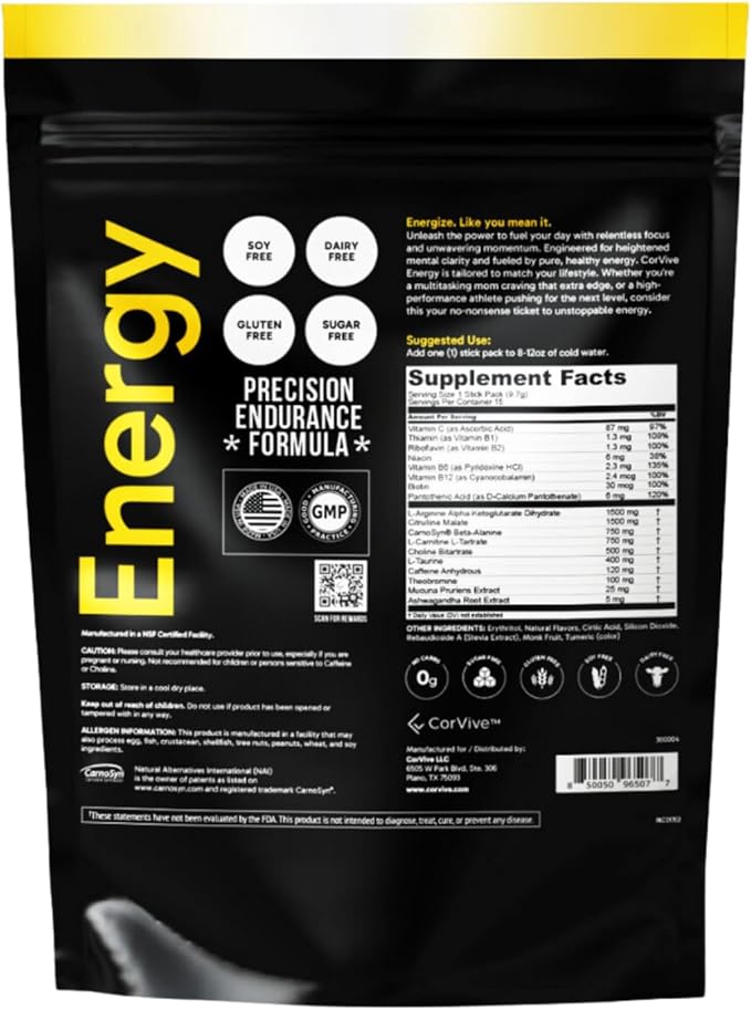 Energy | Natural Energy & Focus Supplement | with Carnosyn®, Ashwagandha, L-Arginine, Theobromine | Zero Sugar, 5 Calories, 120mg Caffeine | 15 Stick Packs for Mental & Physical Boost | Lemon