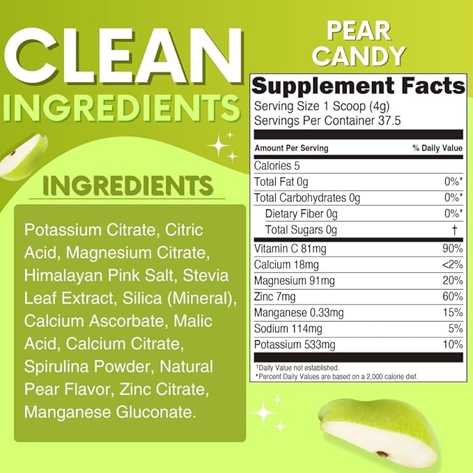 Zero Sugar - Pear Candy Electrolytes Powder - Extremely Refreshing Hydration - Caffeine Free Energy with All Natural Ingredients - Vegan, Keto, Paleo - Sugar Free Electrolytes Drink Mix - 30 Servings