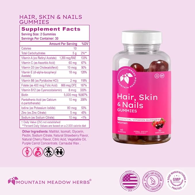Mountain Meadow Herbs Hair, Skin and Nails Gummies - Essential Daily Support for Lush Hair, Strong Nails, and Radiant Skin with Biotin-Infused Gummies (60 ct)