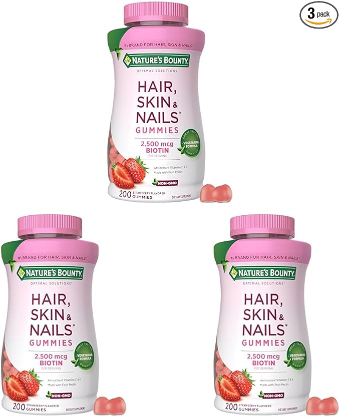 Nature's Bounty Optimal Solutions Hair, Skin and Nails Pectin Gummies, 2500 mcg Biotin Per Serving, No Stick Gummy, Vegetarian Formula, Strawberry Flavor, 200 Count, 100 Total Servings (Pack of 3)