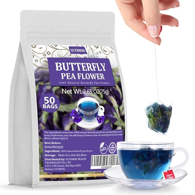 50 Premium Butterfly Pea Flower Tea Bags, Made with 100% Natural Butterfly Pea Flowers, No Additives & Caffeine Free.