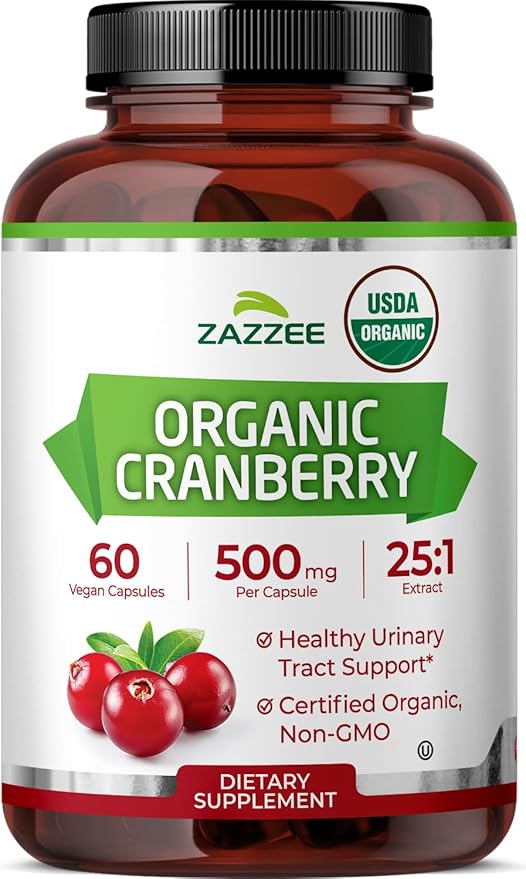 Zazzee USDA Organic Cranberry 25:1 Extract, 500 mg per Capsule, 60 Vegan Capsules, 2 Month Supply, Standardized, Concentrated 25X Extract, 100% Vegetarian, Certified Organic, Non-GMO All-Natural