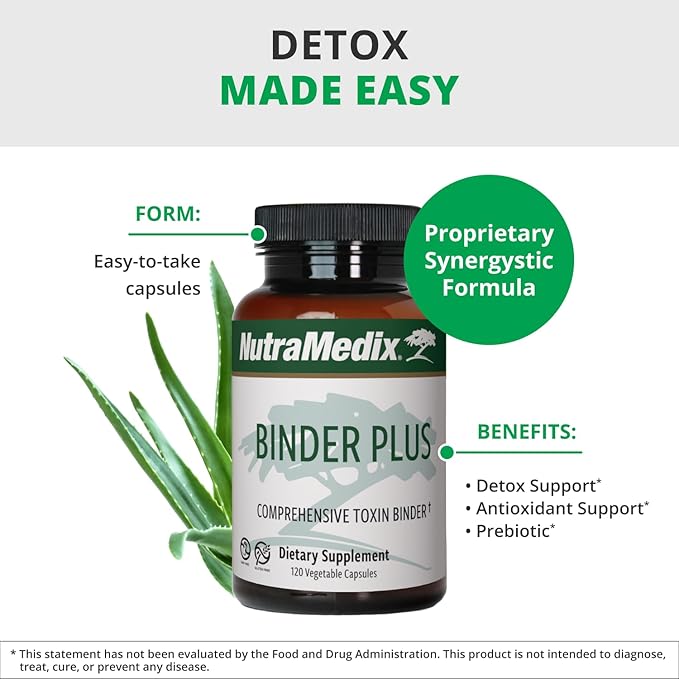NutraMedix Binder Plus - Comprehensive Toxin Binder & Body Detoxifier - Prebiotic Antioxidant Support + Inulin, Bentonite, Aloe Vera, Activated Charcoal, Fulvic Minerals & Chitosan (120 Capsules)