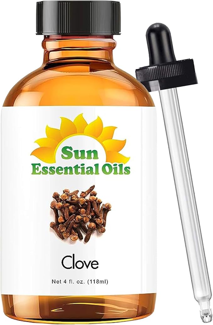 Sun Essential Oils – 4 oz Clove Essential Oil with Dropper for Diffuser, Skin, Aromatherapy Massage, Humidifier, Spicy Scent for Candle, Lotion & Soap Making, Room Fragrance