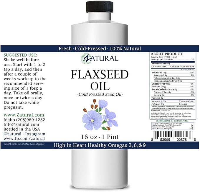 Zatural Flaxseed Oil Organically Grown 100% Pure Flax Seeds Cold Pressed Vegan Omega Fatty Acids 16oz