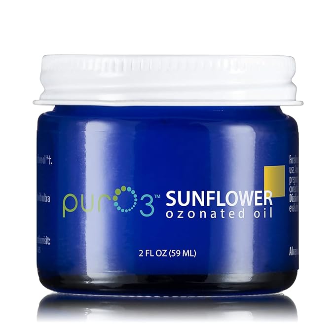 PurO3 Ozonated Sunflower Oil – Pure, Natural, Organic Skincare for Face & Body – Oxygenated Healing Lotion, Moisturizer & Beauty Cream in a Glass Jar – O3 Therapy Salve, 2 oz