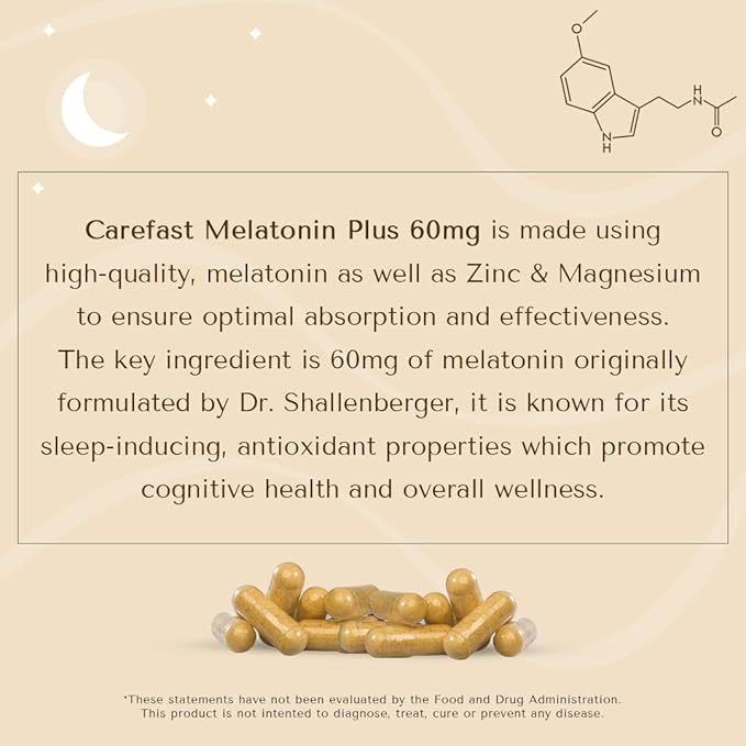 60mg Melatonin Plus Extra Strength High Dose Sleep Supplement 90 Capsules - Veggie Capsules - Fast Acting Formulated by Dr Shallenberger with Zinc & Magnesium for Maximum Quick Absorption