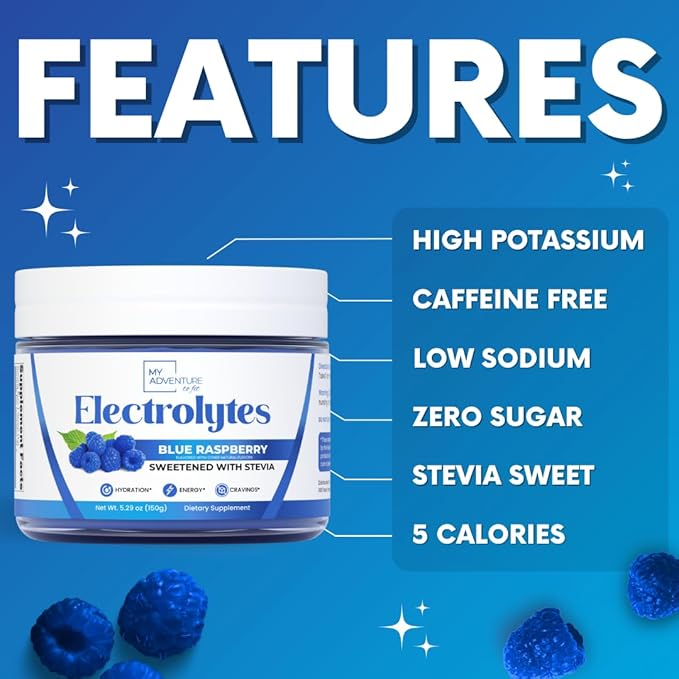 Zero Sugar - Blue Raspberry Electrolytes Powder - Refreshing Hydration - Caffeine Free Energy - All Natural Ingredients - Vegan, Keto and Paleo - Sugar Free Electrolyte Powder Drink Mix - 37 Servings