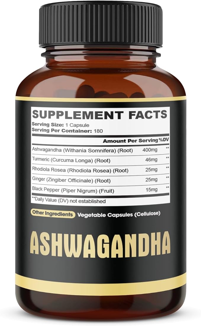 5in1 Premium Ashwagandha Capsules - Added Turmeric, Rhodiola Rosea, Ginger, Black Pepper - Strength, Spirit & Immune Support - 180 Caps for 6 Months