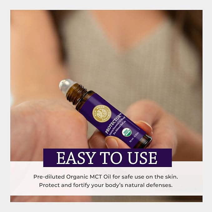Silk Road Organic Protector Essential Oil Immunity Blend Roll On, Based on Thieves Oil Legend, 100% Pure USDA Certified Clove Bud, Cinnamon Bark, Rosemary, Lemon, Eucalyptus - 10 ml Roller