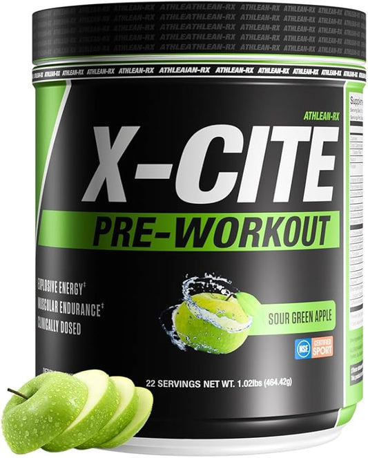 X-CITE Pre-Workout by ATHLEAN-X - Enhanced Formula with Beta-Alanine, Creatine & Caffeine for Ultimate Energy, Endurance, Focus & Muscle Pump, NSF Certified for Sports (22 Servings, Sour Green Apple)