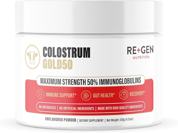Re+Gen Nutrition Colostrum Gold 50 Bovine Colostrum Powder for Gut Health, Immune Support & Muscle Recovery – 50% IgG Concentration, Grass Fed, Gluten Free, No Artificial Ingredients