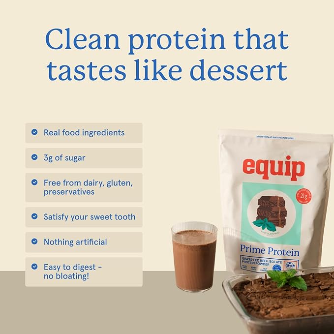 Equip Foods Prime Protein Powder | Clean, Grass Fed Beef Protein Powder for Women & Men | Carnivore Protein Isolate | Paleo, Keto Friendly | Gluten & Dairy Free | 30 Servings, Chocolate Mint