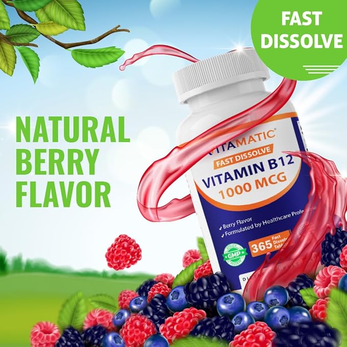 Vitamatic Vitamin B12 1000 mcg Fast Dissolve – 365 Tablets per Bottle - 3 Bottles – Natural Berry Flavor – Supports Energy Metabolism & Nervous System Health