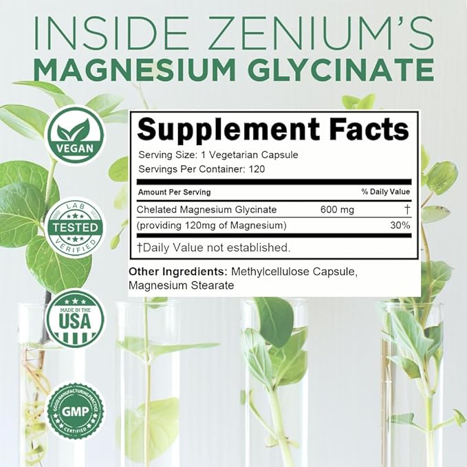 Zenium - Magnesium Glycinate for Sleep, 120 Capsules, 400mg per Serving | Chelated & High Absorption | Relieve Stress, Tension, Worry & Irritability | Calm Mind & Body | Ayurvedic | Natural Supplement