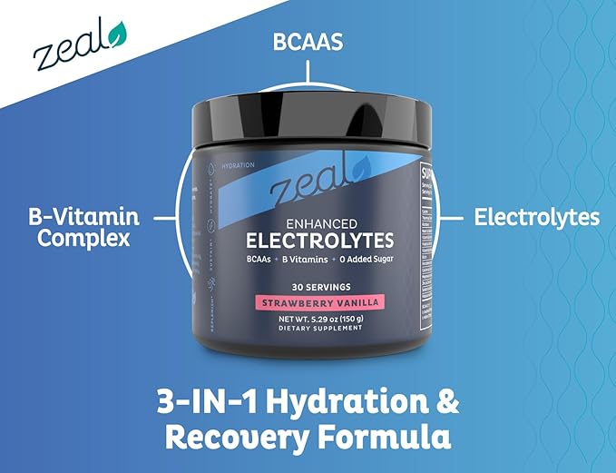 Zeal Electrolyte Powder - 90 Servings | Keto Electrolytes Powder | Zero Sugar, BCAAs, B-Vitamins | Potassium, Zinc, Magnesium | Hydration Powder Recovery Drink | Strawberry Vanilla