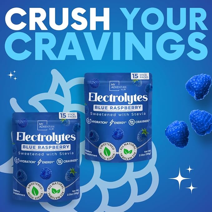 Zero Sugar - Blue Raspberry Electrolytes Powder - Refreshing Hydration - Caffeine Free Energy - All Natural Ingredients - Vegan, Keto and Paleo - Sugar Free Electrolyte Powder Drink Mix - 15 count