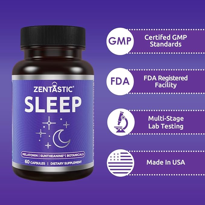 Zentastic Sleep Aid - Non Habit Forming for Healthy Sleep - Melatonin, Valerian, Suntheanine, Magnesium, Herbals, & More - Natural Sleep Aid for Adults - Sleeping Pills - Made in USA, 60 Capsules