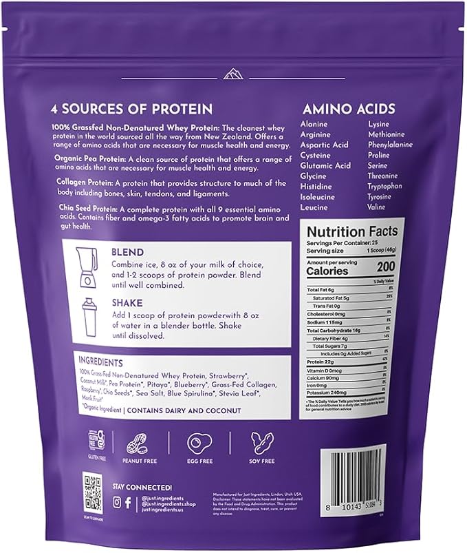 JUST INGREDIENTS Mountain Berry Protein Powder – 30-Serving Blend with 100% Grass-Fed Whey & Organic Plant Proteins – Mixed Berry Flavor with Real Fruit – Supports Muscle Recovery, Energy*