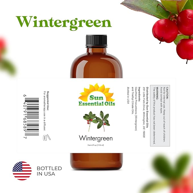 Sun Essential Oils - Wintergreen 4oz Bottle for Humidifier, Diffuser, Aromatherapy, Soap and Candle Making - Aromatherapy Oil