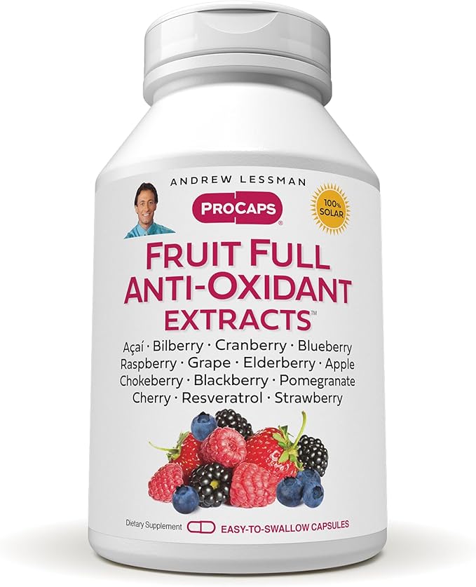 ANDREW LESSMAN Fruit Full Anti-Oxidant Extracts 60 Capsules - 14 Natural Fruit and Berry Extracts. Bilberry, Cranberry, Grape Seed, Pomegranate, Resveratrol, and More. Easy to Swallow Capsules