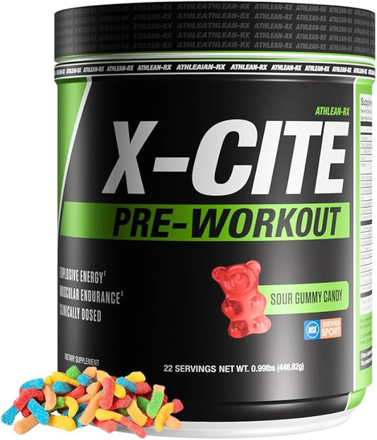 X-CITE Pre-Workout by ATHLEAN-X - Enhanced Formula with Beta-Alanine, Creatine & Caffeine for Ultimate Energy, Endurance, Focus & Muscle Pump, NSF Certified for Sports (22 Servings, Sour Gummy Bear)