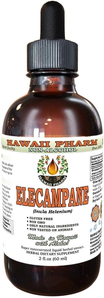 Elecampane Alcohol-Free Liquid Extract, Organic Elecampane (Inula Helenium) Dried Root Glycerite Hawaii Pharm Natural Herbal Supplement 2 oz
