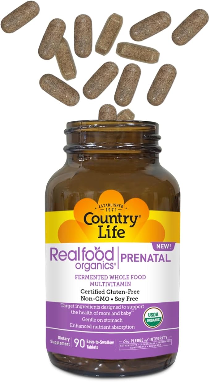 Realfood Organics Prenatal Multi - Before, During, & Post Pregnancy - Folate, D3 & Iron to Support Healthy Fetal Growth and Development*, Gentle on Stomach, Gluten-Free, Soy Free, 90 Tablets