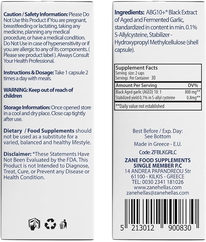 Zane - Aged Black Garlic Capsules - Immune System, Blood Pressure and Cholesterol Health Support - Less Odor - More Effective Than Allicin - 60 Capsules Non-GMO, Gluten - Lactose – Paraben Free.