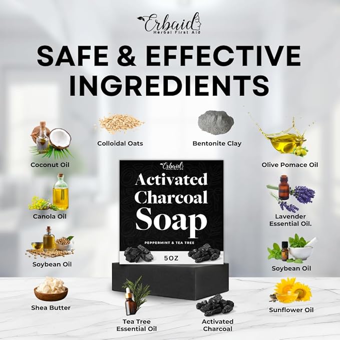 Charcoal Soap – Natural Activated Charcoal Black Soap Bar – Exfoliating Face & Body Wash for Dry, Sensitive, Oily Skin – Facial Cleanser with Bentonite Clay for Acne, Blackheads, & Scars, Made in USA