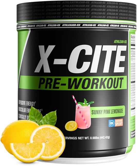 X-CITE Pre-Workout by ATHLEAN-X - Enhanced Formula with Beta-Alanine, Creatine & Caffeine for Energy, Endurance, Focus & Muscle Pump, NSF Certified for Sports (22 Servings, Sunny Pink Lemonade)