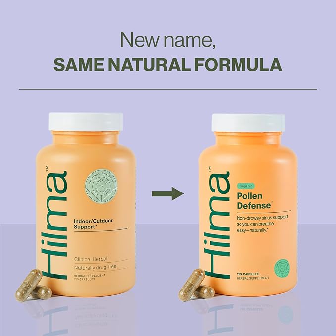 Hilma Natural Sinus Support, All Day Allergy and Sinus Relief from Pollen and Dust w/Butterbur, Stinging Nettles and Spirulina, Non-Drowsy, Organic, Clinically Proven Ingredients, 120 Vegan Capsules