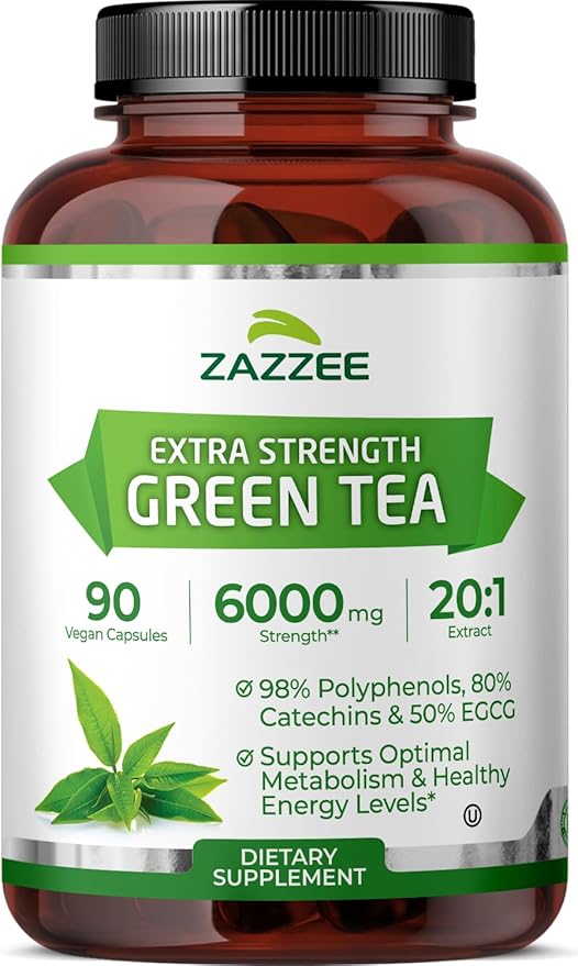 Zazzee Extra Strength Green Tea 20:1 Extract, 6000 mg Strength, 50% EGCG, 98% Polyphenols and 80% Catcehins, 90 Vegan Capsules, 3 Month Supply, Standardized and Concentrated 20X Potency, Non-GMO