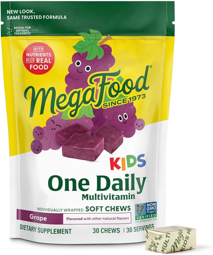 MegaFood Kids One Daily Multivitamin Soft Chews - Kids Vitamins with Vitamin B, Vitamin C, Vitamin D & Vitamin E - Age 4+, Vegetarian, Made Without 9 Food Allergens - Grape Flavor - 30 Chews
