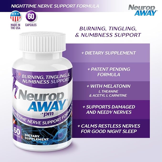 NeuropAWAY Nerve Support PM, with R-Alpha Lipoic Acid to Help Provide Nerve Relief in as Little as 5 Days, Acetyl-L-Carnitine, Theanine, Melatonin, and Methylcobalamin, 60 Capsules