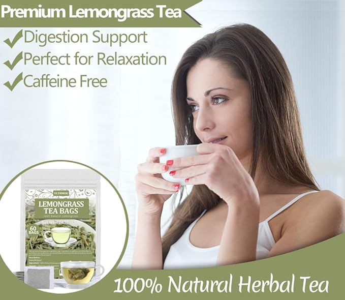 60 Premium Lemongrass Tea Bags, Made with 100% Natural Lemon grass, Perfect for Relaxation and Wellness, No Additives & Caffeine Free.