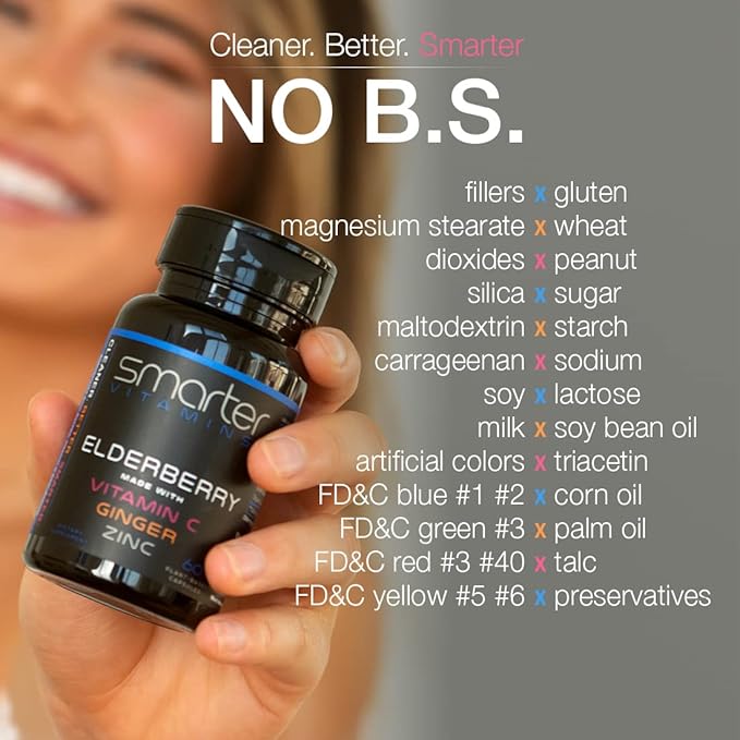 (3 Pack) Smarter Elderberry Capsules + Vitamin C + Ginger & Zinc, Herbal Supplement, Powerful Black Elder Berry Extract Antioxidant Vitamin, 180 Vegan Pills