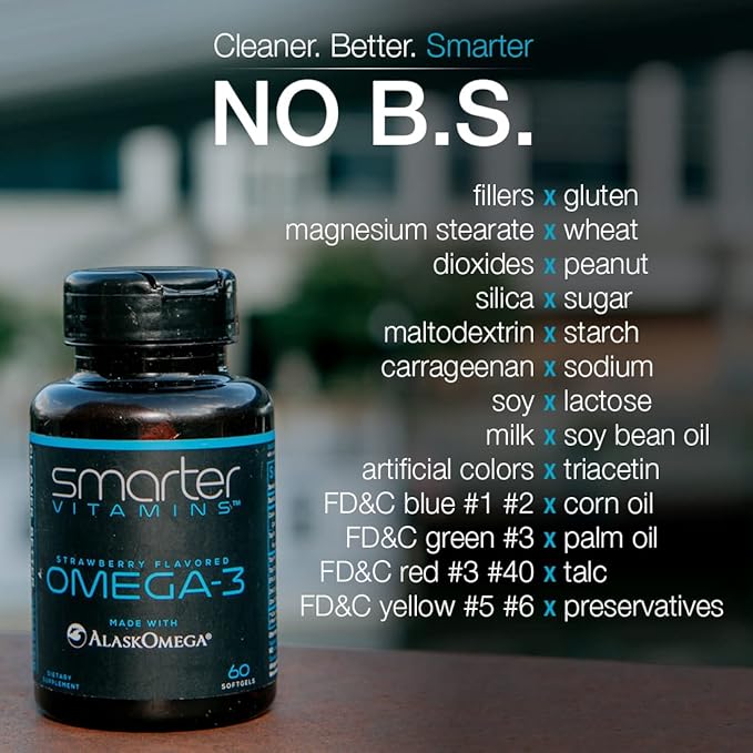 (5 Pack) Smarter Omega 3 Fish Oil, Berry Flavor, Burpless, Tasteless, 2000mg, Potent Triple Strength DHA EPA Brain Omega-3, Made with AlaskOmega®