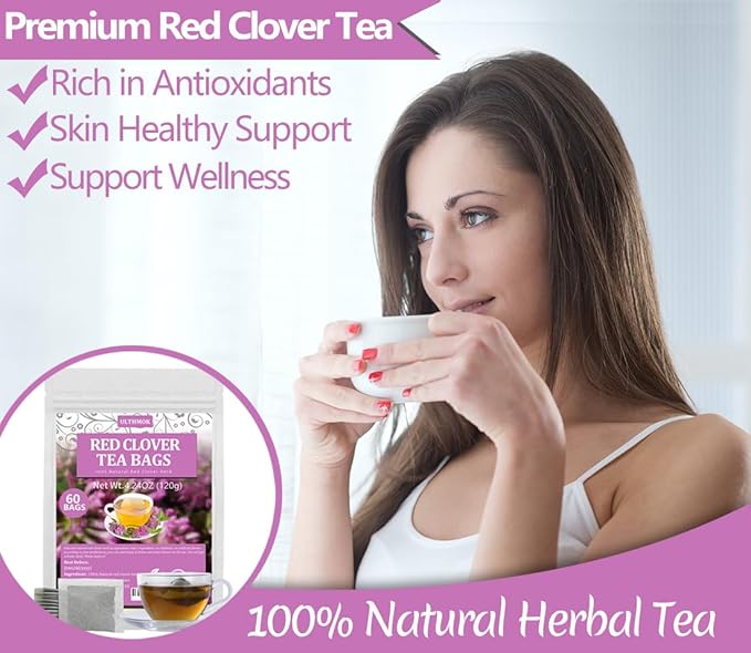60 Premium Red Clover Tea Bags, Made with 100% Natural Red Clover Flowers & Herb, Rich in Antioxidants & Supports Wellness, No Additives & Caffeine Free.